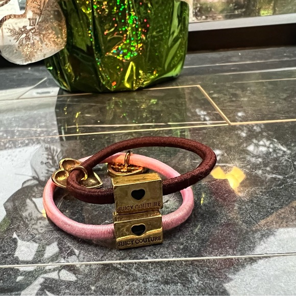 SET OF 2 OG Juicy Couture Gold Charm Pink & Brown Hair Ties - Picture 4 of 8